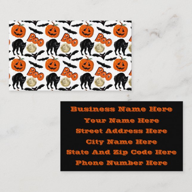 Halloween Boo Bats Cat Pumpkin And Moon Drawing Business Card (Front/Back)