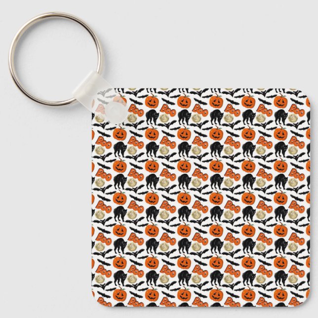 Halloween Boo Bats Cat Pumpkin And Moon Drawing Key Ring (Front)