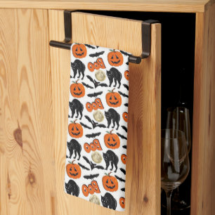 Halloween Boo Bats Cat Pumpkin And Moon Drawing Tea Towel