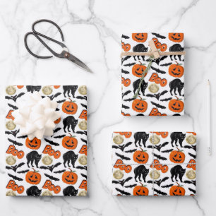 Halloween Boo Bats Cat Pumpkin And Moon Drawing Wrapping Paper Sheet
