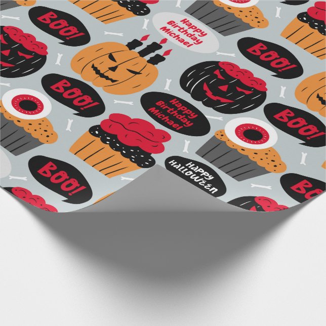 Halloween BOO Birthday Add Name Pumpkins Cupcakes Wrapping Paper (Corner)
