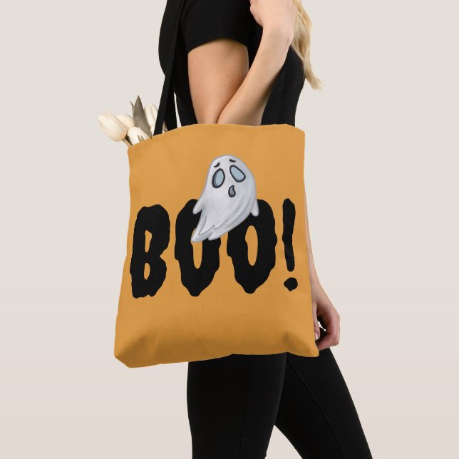 Halloween Boo Ghost Bag, Orange Themed Spooky Tote Bag (Close Up)