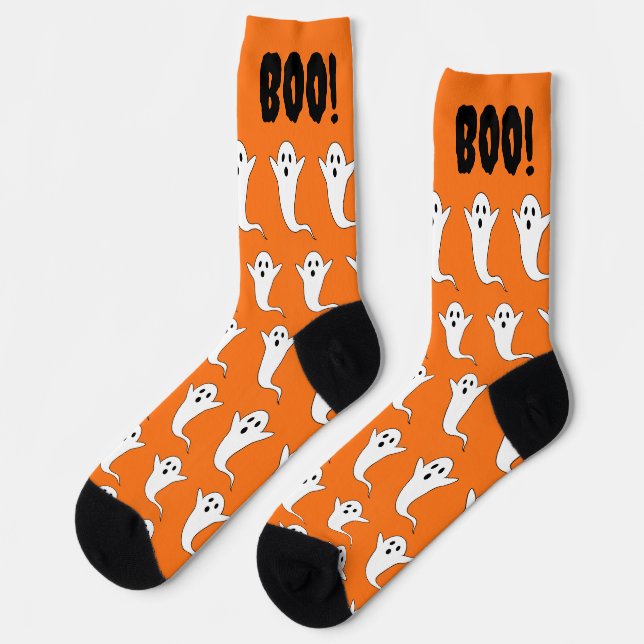 Halloween Boo! Ghost Orange Black White Socks  (Left)