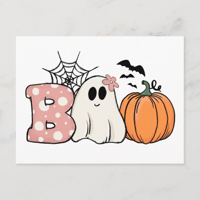 Halloween Boo Ghost Pumpkin Bats Cobweb Postcard (Front)