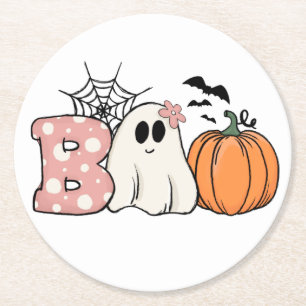 Halloween Boo Ghost Pumpkin Bats Cobweb Round Paper Coaster