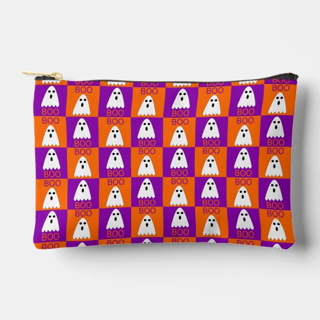 Halloween Boo Ghost Purple and Orange Squares Accessory Pouch (Front)