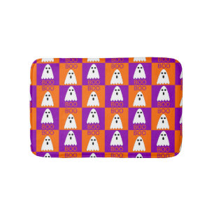 Halloween Boo Ghost Purple and Orange squares Bath Mat