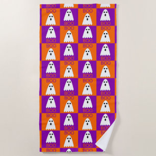 Halloween Boo Ghost Purple and Orange Squares Beach Towel