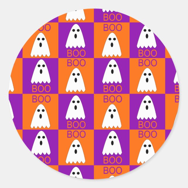 Halloween Boo Ghost Purple and Orange Squares Classic Round Sticker (Front)