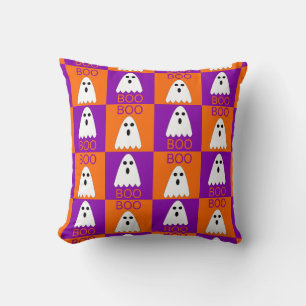 Halloween Boo Ghost Purple and Orange Squares Cushion