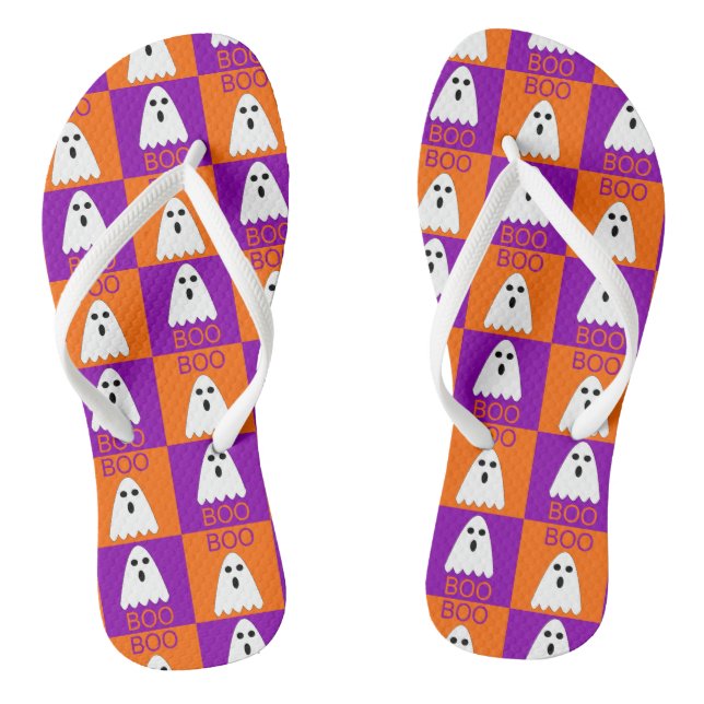 Halloween Boo Ghost Purple and Orange Squares Flip Flops (Footbed)