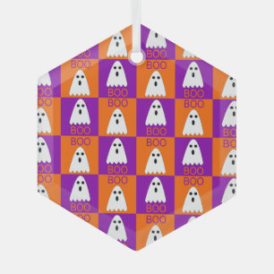 Halloween Boo Ghost Purple and Orange Squares Glass Tree Decoration