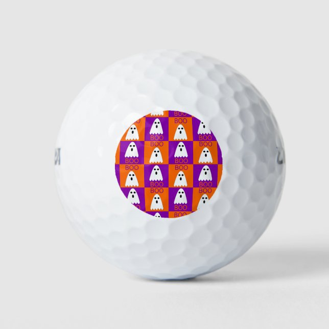 Halloween Boo Ghost Purple and Orange Squares Golf Balls (Front)