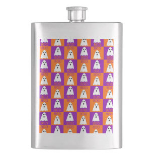 Halloween Boo Ghost Purple and Orange Squares Hip Flask