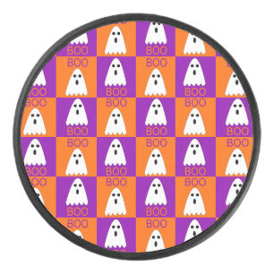 Halloween Boo Ghost Purple and Orange Squares Hockey Puck