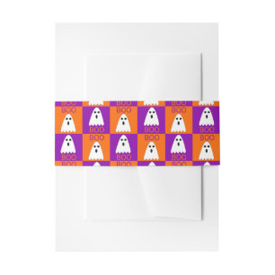 Halloween Boo Ghost Purple and Orange Squares Invitation Belly Band