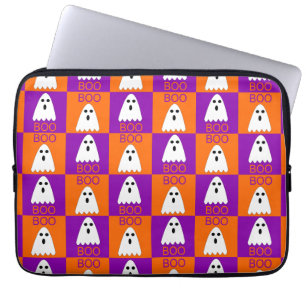 Halloween Boo Ghost Purple and Orange Squares Laptop Sleeve