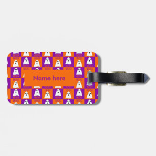 Halloween Boo Ghost Purple and Orange Squares Luggage Tag