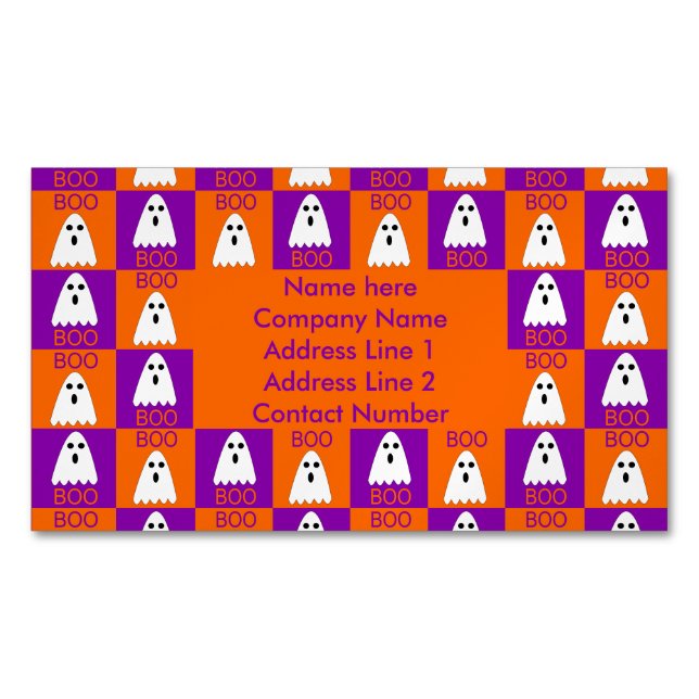 Halloween Boo Ghost Purple and Orange Squares Magnetic Business Card (Front)