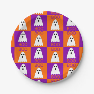 Halloween Boo Ghost Purple and Orange Squares Paper Plate
