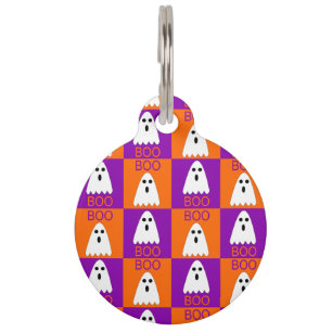 Halloween Boo Ghost Purple and Orange Squares Pet Tag
