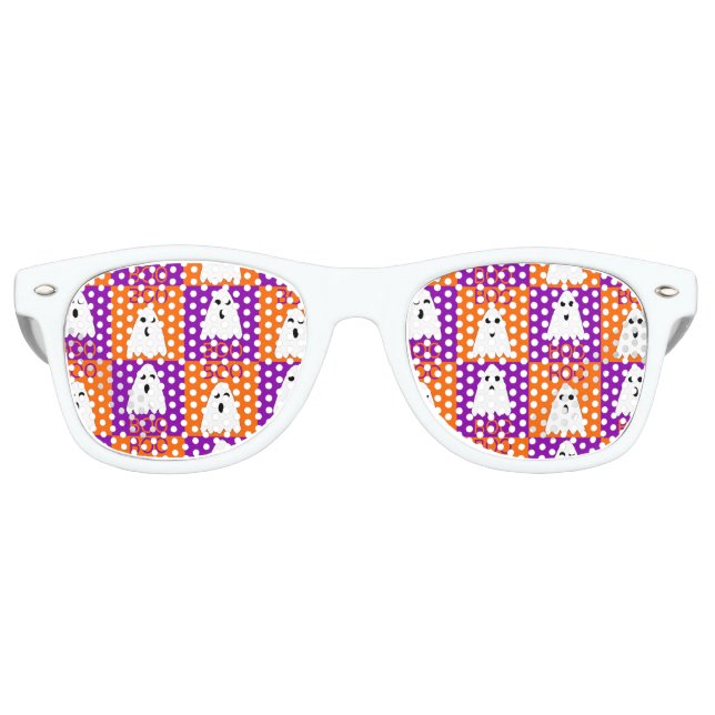 Halloween Boo Ghost Purple and Orange Squares Retro Sunglasses (Front)