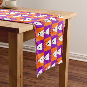 Halloween Boo Ghost Purple and Orange Squares Short Table Runner