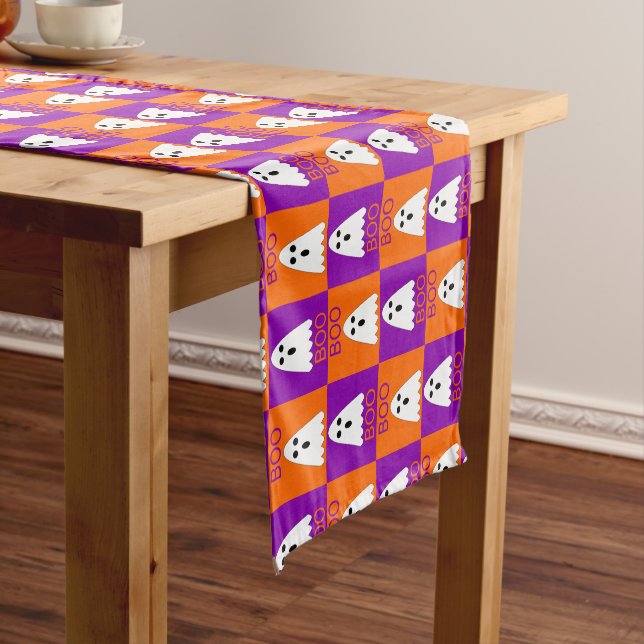 Halloween Boo Ghost Purple and Orange Squares Short Table Runner (In Situ)