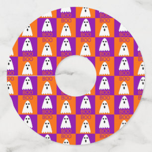 Halloween Boo Ghost Purple and Orange Squares Wine Glass Tag