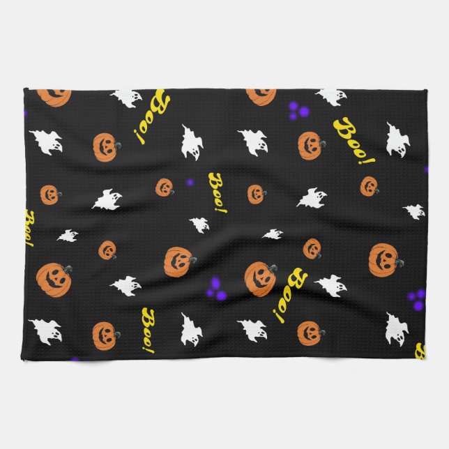 Halloween Boo Ghosts Seamless Pattern Tea Towel (Horizontal)