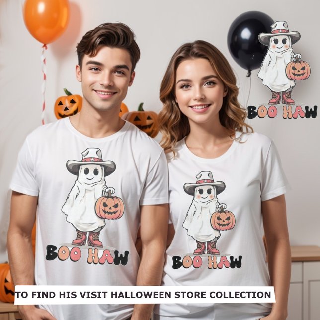 Halloween boo haw girly ghost western cowgirl T-Shirt (Couples matching halloween  t-shirt cowboy & cowgirl ghost design. Boo Haw.)