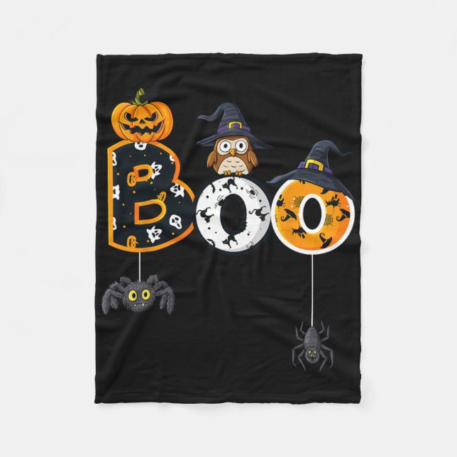 Halloween Boo Owl With Witch Hat Spiders Boys Girl Fleece Blanket (Front)