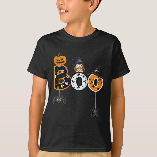 Halloween Boo Owl With Witch Hat Spiders Boys Girl T-Shirt (Front)