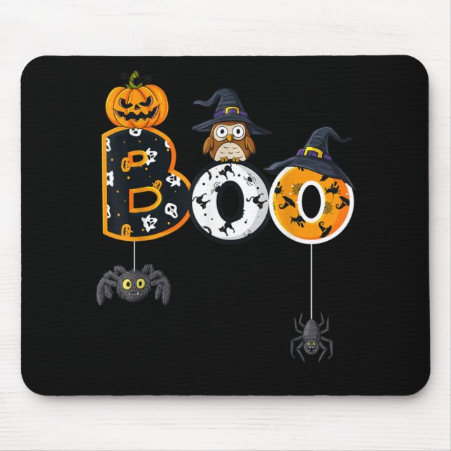 Halloween Boo Owl With Witch Hat Spiders Mouse Mat (Front)