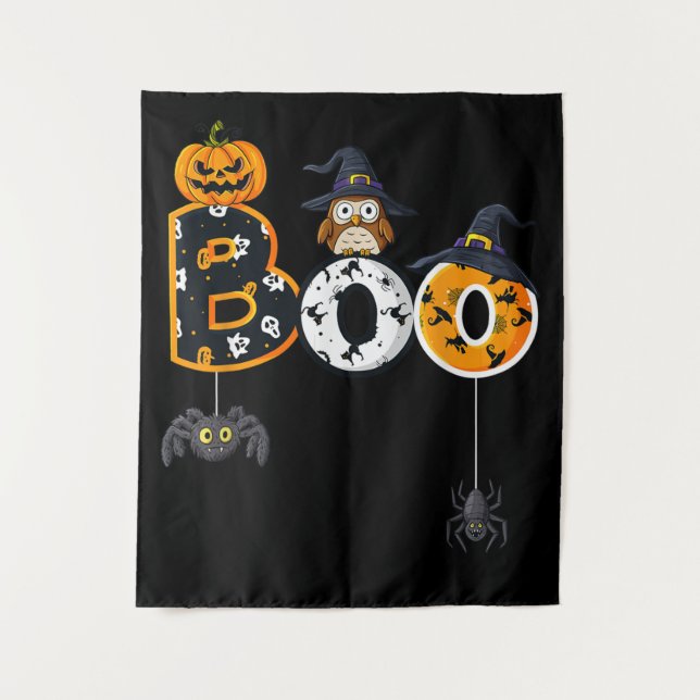 Halloween Boo Owl With Witch Hat Spiders Tapestry (Front)