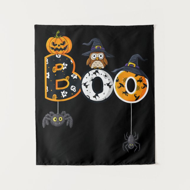 Halloween Boo Owl With Witch Hat Spiders Tapestry (Front)