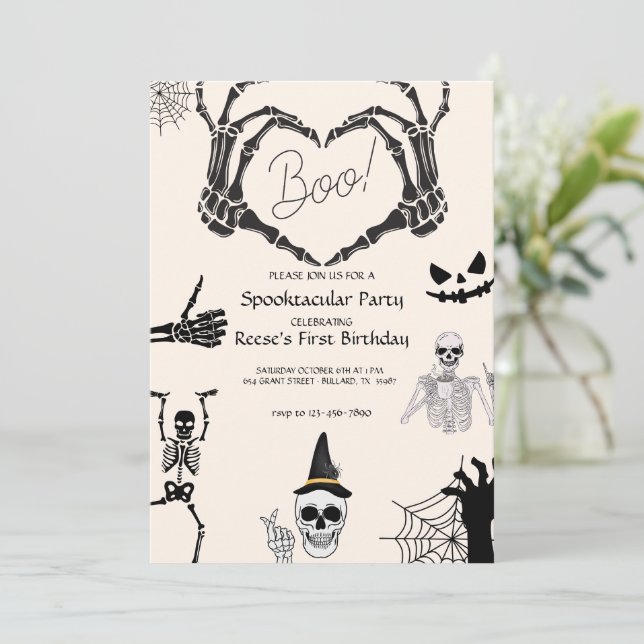 Halloween Boo Skeleton Birthday Invitation (Standing Front)