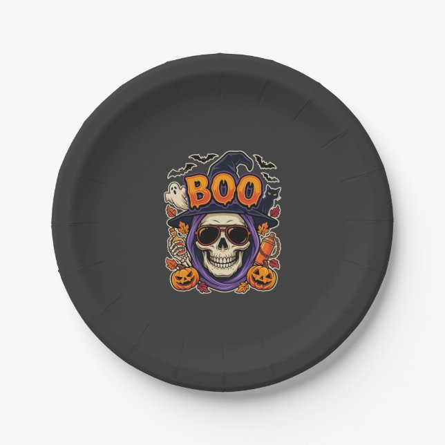 Halloween Boo Skull Sunglasses Vector Paper Plate (Front)