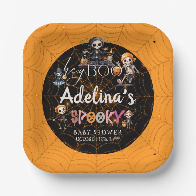 Halloween Boo Spooky Skeletons Costume Baby Shower Paper Plate (Front)