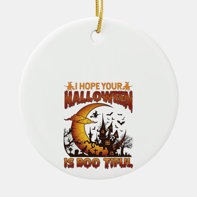 Halloween Boo Tiful Haunted House Crescent Moon Ba Ceramic Tree Decoration (Front)