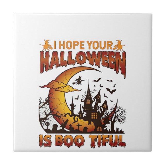 Halloween Boo Tiful Haunted House Crescent Moon Ba Tile (Front)