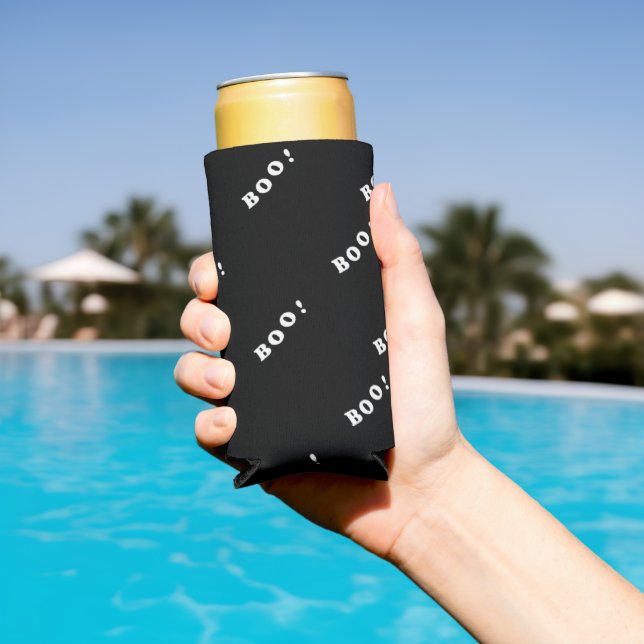 Halloween boo white text on black seltzer can cooler (In Situ Pool)