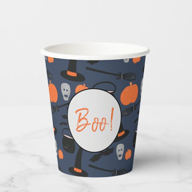 Halloween Boo Witch Pumpkin Bat Broomstick Paper Cups (Front)