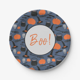 Halloween Boo Witch Pumpkin Bat Broomstick Paper Plate