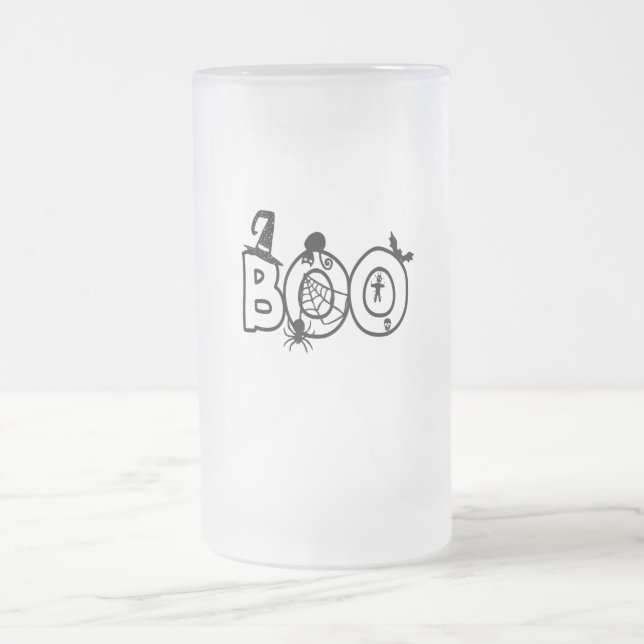 Halloween Boo with Witches Hat Black Cat Spider Frosted Glass Beer Mug (Center)