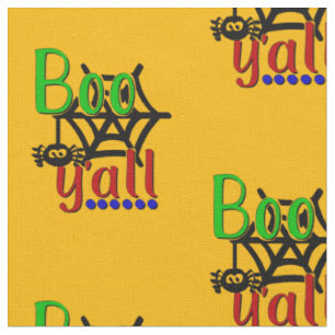 Halloween Boo Y'all Spider Web Green Red on Yellow Fabric