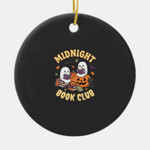Halloween Book Club Ghost Reading Pumpkin Design_1 Ceramic Tree Decoration