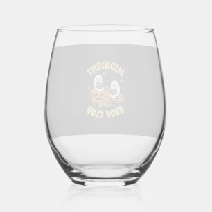 Halloween Book Club Ghost Reading Pumpkin Design_1 Stemless Wine Glass