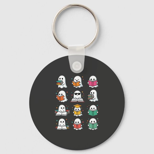 Halloween Book Reading Ghosts Kawaii Library Desig Key Ring (Front)