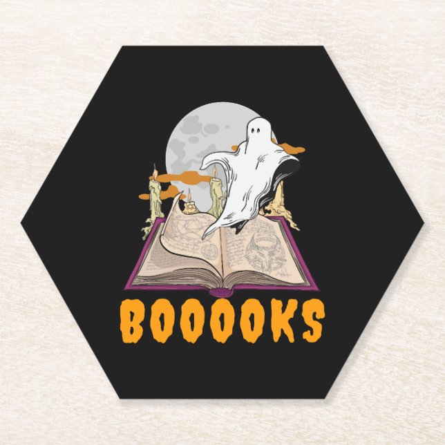 Halloween boooks. Ghost reading halloween Paper Coaster (Front)